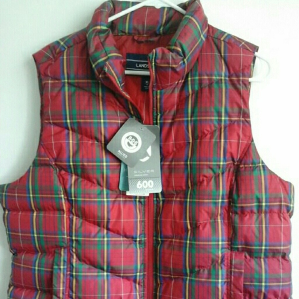 Lands' End Red Plaid Women's Puffer Vest